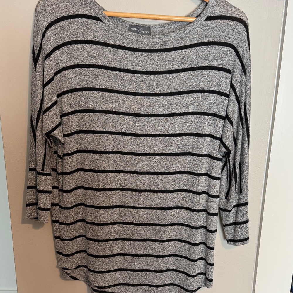 Market & Spruce Heather Gray and Black Striped Long Sleeve Top